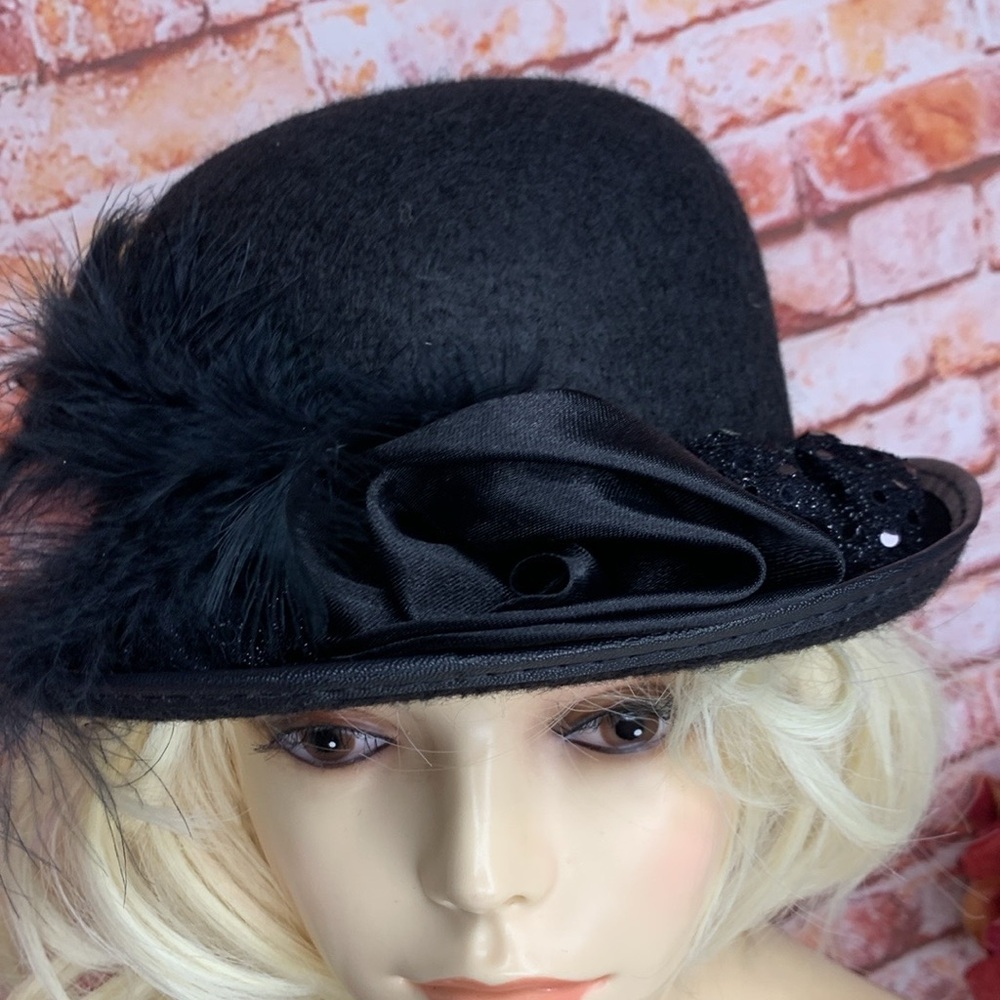 Black Felt Feather and Rhinestone Glam Costume Bowler Hat - Picture 3 of 10